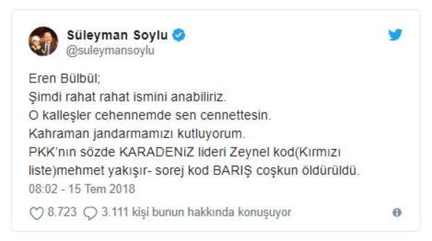 Ä°Ã§iÅleri BakanÄ± SÃ¼leyman Soylu: PKK'nÄ±n sÃ¶zde Karadeniz lideri terÃ¶rist Ã¶ldÃ¼rÃ¼ldÃ¼