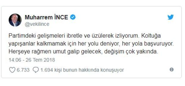 Muharrem Ä°nce'den kurultay mesajÄ±